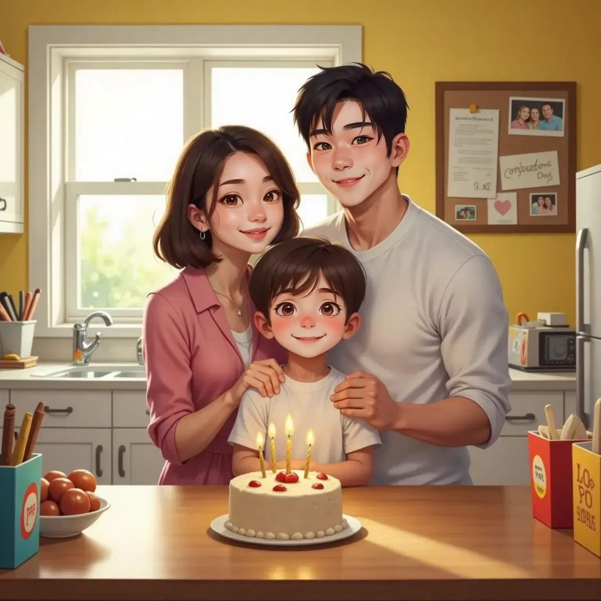 Joe, arms turning pink, showing his parents in the kitchen. Mother and Dad hug him joyfully. The kitchen is bright and cheerful.