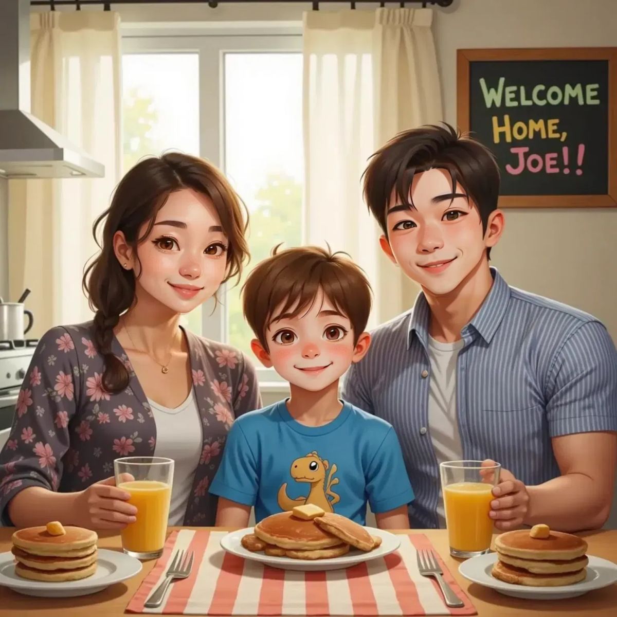 Joe, now fully human, sits at the breakfast table with Mother and Dad. All are smiling. Sunlight fills the kitchen. Joe looks confident and happy.