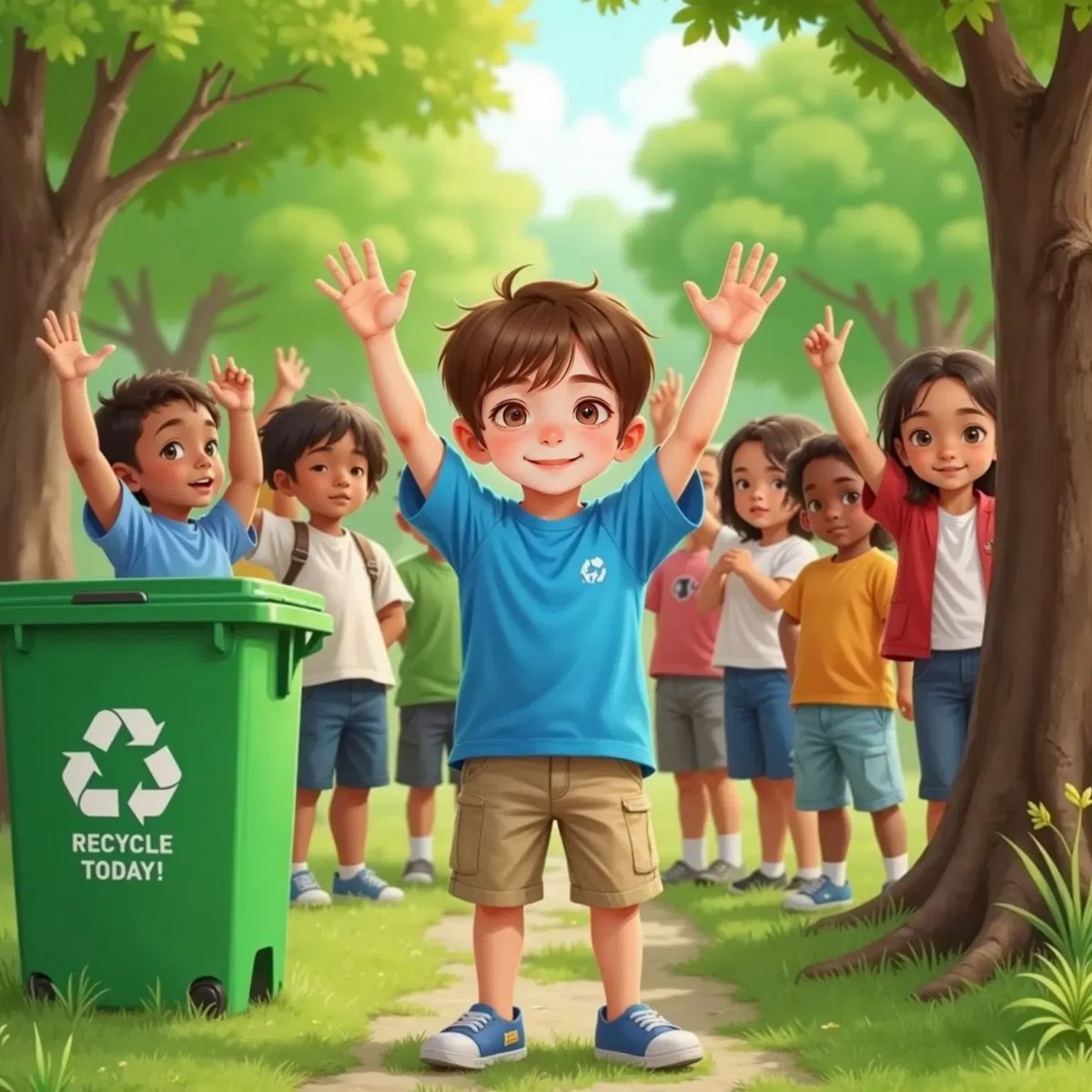 Joe stands in a park with a group of friends, all raising their hands and smiling. A recycling bin and green trees are in the background. Joe looks proud and hopeful.