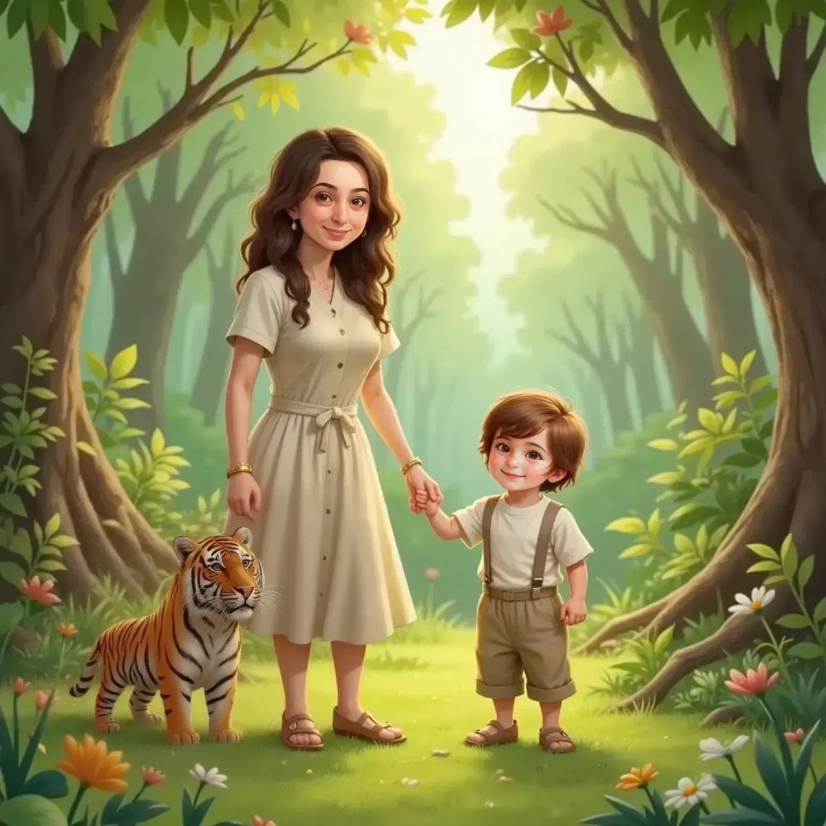 Burcu, gently smiling and holding Alp’s hand, follows The Little Tiger with a bright striped tail. Birds perched above in the magical, sun-dappled forest, lush greenery all around.