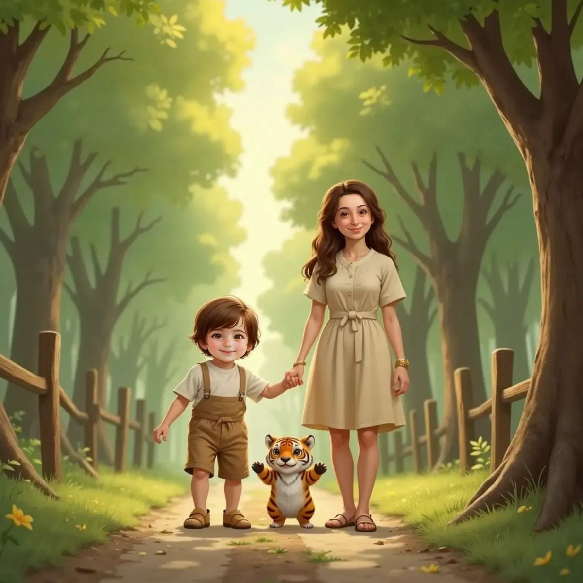 Alp, a joyful 2yo boy with short dark hair, walking under towering green trees beside Burcu, a smiling 35yo woman with long dark hair, while The Little Tiger, a cute little orange tiger with black stripes, waves with a wink. Sunlight filters through the leaves above.