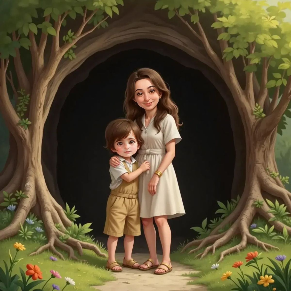 A round, dark cave entrance surrounded by forest. Alp hugs Burcu tightly, both gazing at The Little Tiger, who stands at the cave mouth with a gentle, reassuring expression.
