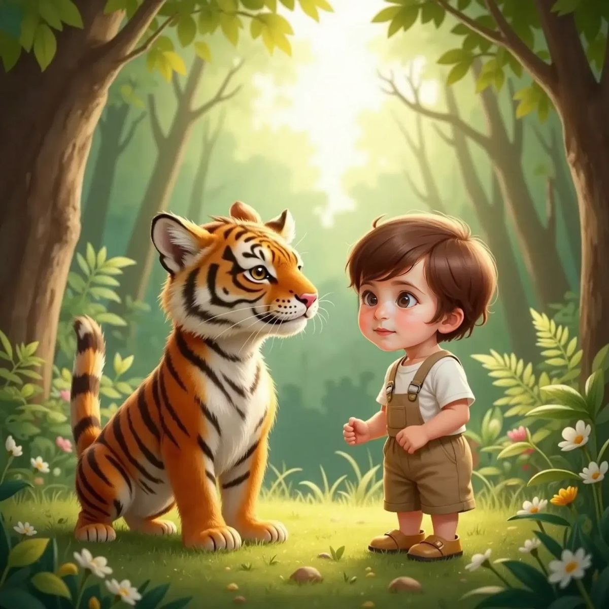 The Little Tiger, stripes shining, stands in front of Alp, who looks up at him with wide, curious eyes. Dappled forest background, light sparkling through the trees.