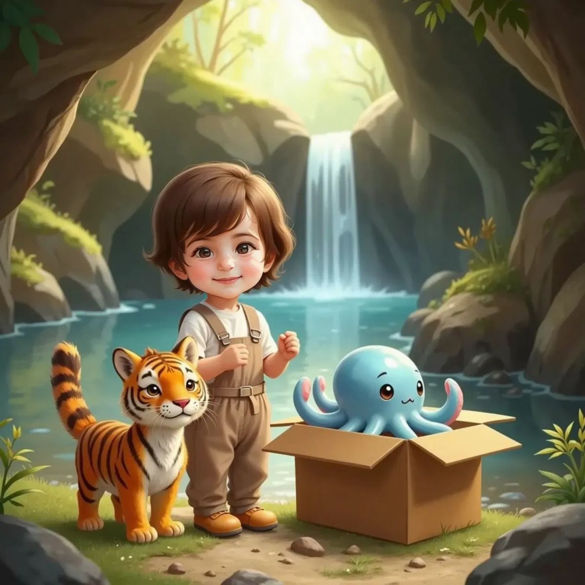 Nino, a cute light blue coloured octopus with soft tentacles, pops out of the shiny box, waving sweetly. Alp and The Little Tiger watch, both smiling with delight. The cave and stream in the background.