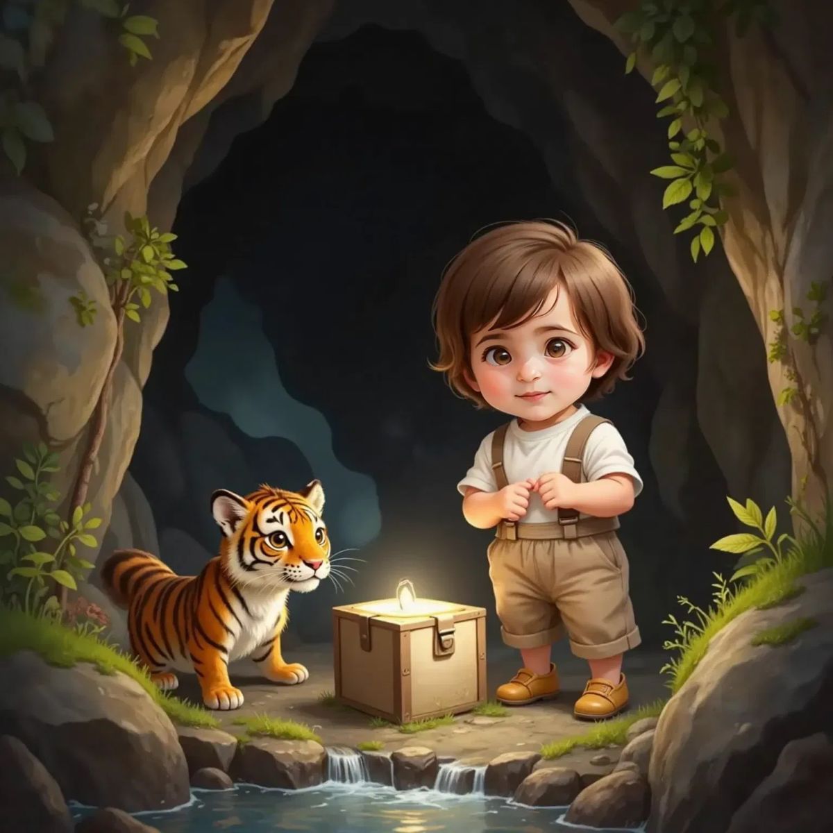 Inside a dim cave by a flowing stream, a shiny old box with a silvery glow sits on the ground. The Little Tiger, looking excited, stands next to Alp, who gazes at the box with anticipation.