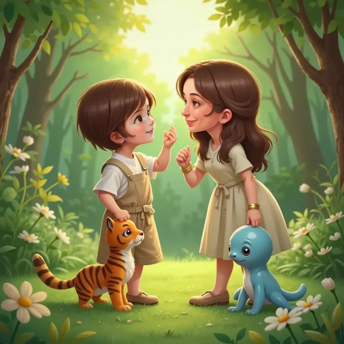 Alp giving Burcu a kiss on her rosy cheek, both smiling warmly. The Little Tiger and Nino stand nearby, the sunlit forest in the background, symbolizing new friendships and adventure.
