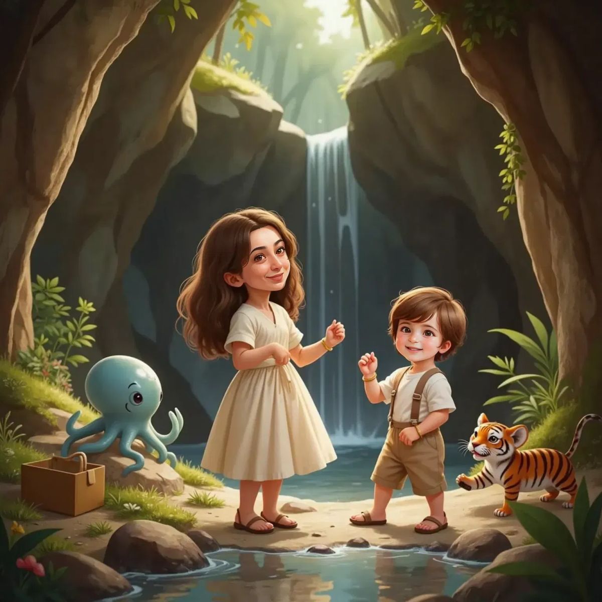 Alp and Burcu, both laughing, dance with Nino and The Little Tiger in the cave. Echoes of joy, with the shiny box and stream visible nearby.