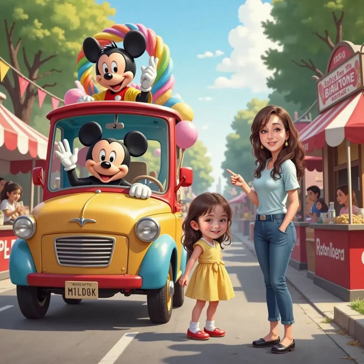 Valentina, eyes wide with joy, pointing at a shiny parade float with Mickey Mouse waving. Ann Marie, laughing, stands beside her. Balloons and festive decorations fill the background, with popcorn and cotton candy stands nearby.