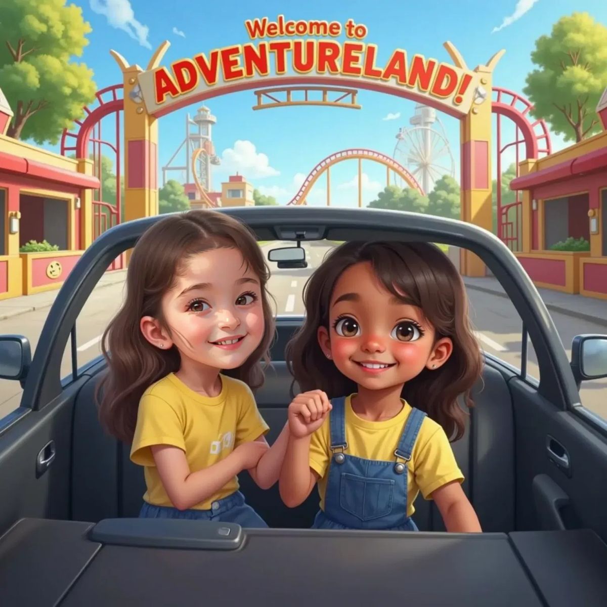 Valentina, a 7yo girl with sparkling eyes, gripping Ann Marie’s hand, both smiling excitedly as they sit in a car parked outside a grand theme park entrance with colorful gates.
