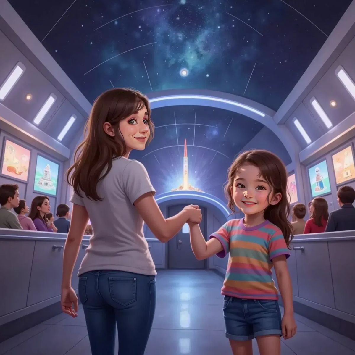 Valentina tugging Ann Marie’s sleeve as they stand in line under a starry ceiling at Space Mountain. Ann Marie looks nervous but smiles, while Valentina grins confidently. Futuristic ride decor in the background.