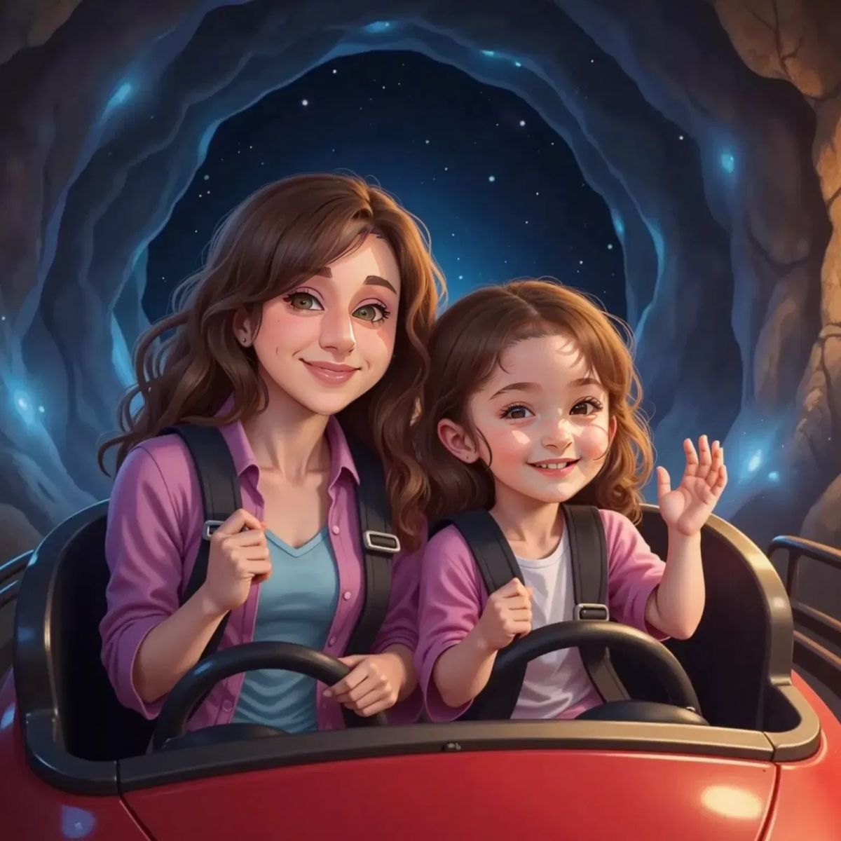 Ann Marie and Valentina sitting side by side in a Space Mountain coaster car, both with big smiles and messy hair, looking exhilarated. The dark, star-lit tunnel surrounds them.