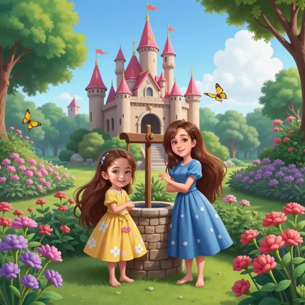 Valentina and Ann Marie standing by a wishing well in a garden near Sleeping Beauty’s castle, both with eyes closed and fingers crossed. The castle’s shining towers and blooming flowers in the background.