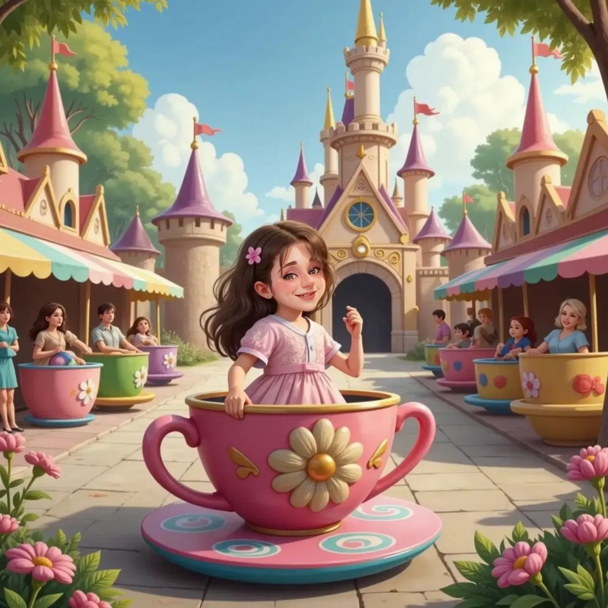 Valentina, still dizzy and joyful, stepping out of a colorful spinning teacup with Ann Marie, who is laughing and holding her hand for balance. Fantasyland’s whimsical decorations in the background.