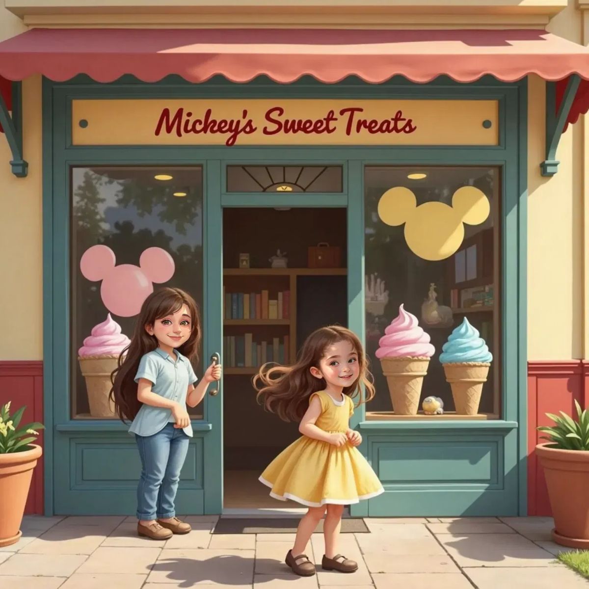 Valentina, looking eager and excited, standing in a long line outside a treat shop decorated with Mickey Mouse shapes. Ann Marie stands beside her, smiling. The shop window displays giant Mickey-shaped ice cream.