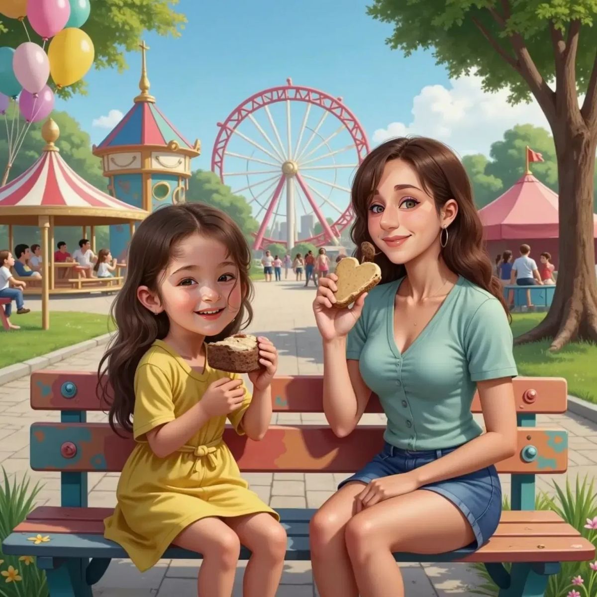 Valentina and Ann Marie sitting on a bench, sharing a giant Mickey-shaped ice cream sandwich with chocolate dripping onto their fingers. Both are grinning and licking their fingers. Theme park scenery in the background.
