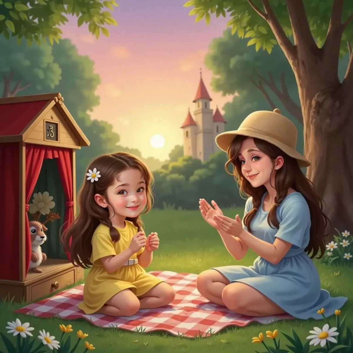 Valentina, eyes sparkling, watching a tiny puppet show on a small stage in the park. Ann Marie sits beside her, clapping and smiling. The sun sets, casting a pink glow over the scene.