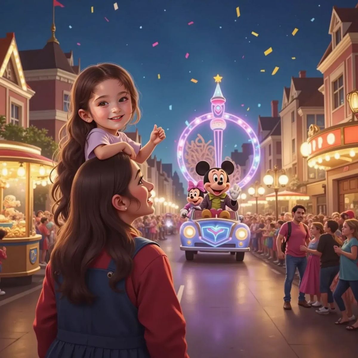 Valentina perched on Ann Marie’s shoulders, both smiling as they watch a dazzling parade with colorful floats and bright lights. Mickey, Minnie, and Goofy wave from a float in the background.