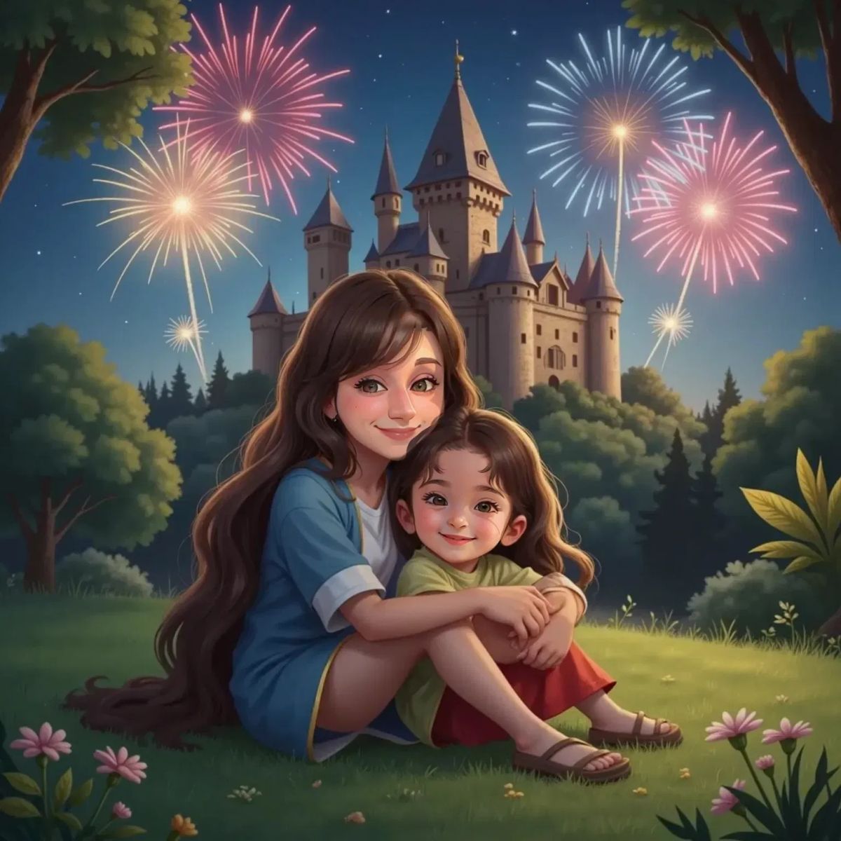 Ann Marie hugging Valentina as they sit together on the grass in front of the castle, watching fireworks burst in red, blue, and gold against a velvet blue sky.