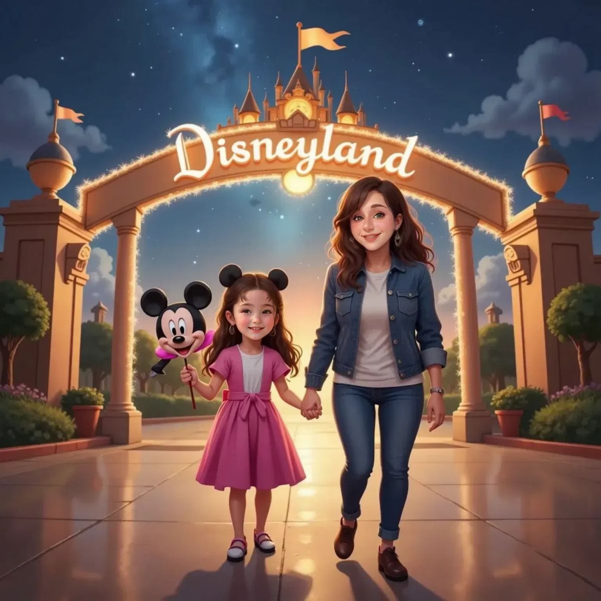 Valentina and Ann Marie walking hand-in-hand toward the exit, smiling with contentment. The Disneyland entrance sparkles behind them, and the night sky glows softly.