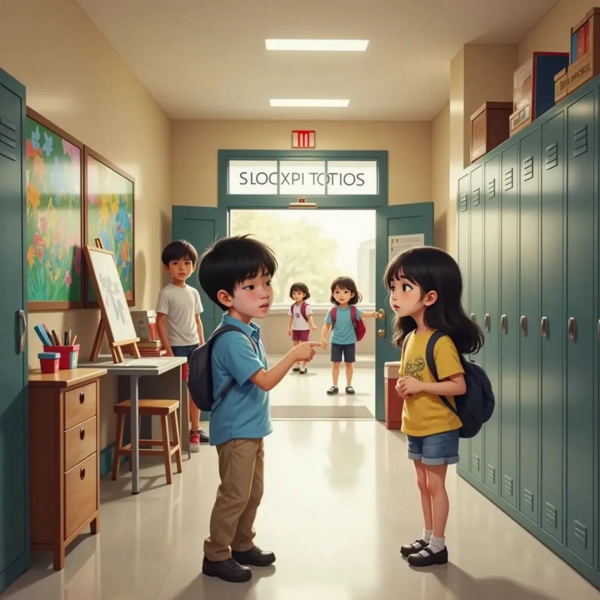Leonard and Jenny peeking into the open art room door from a busy school hallway, Leonard pointing left down the hallway.