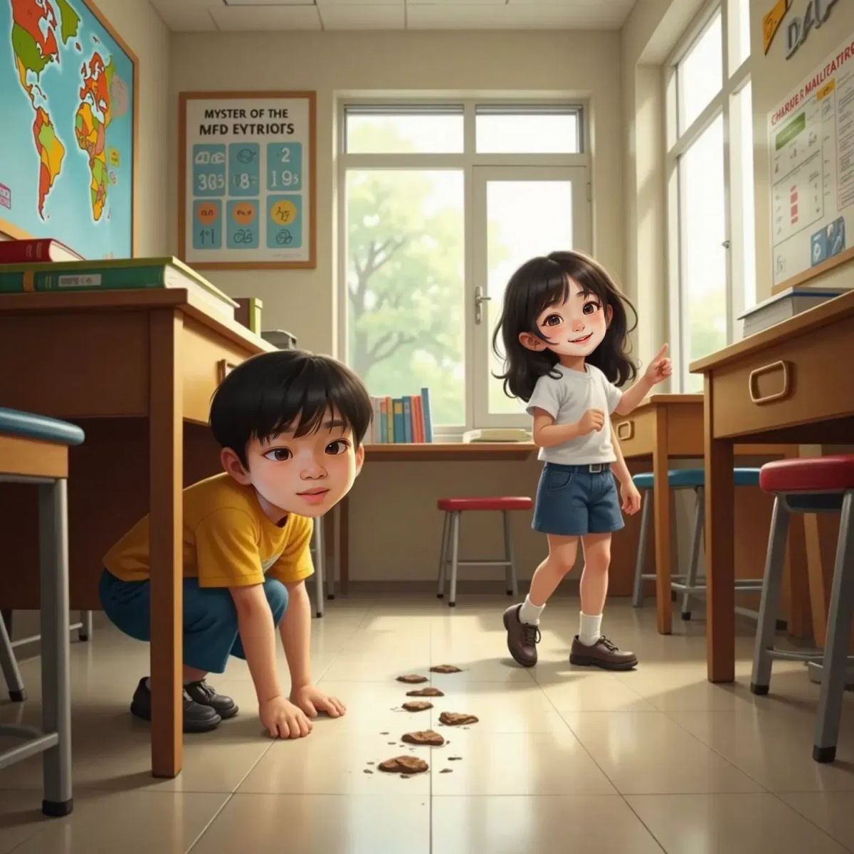 Leonard looking under his desk with a smile, Jenny standing nearby pointing at small muddy footprints on the classroom floor.