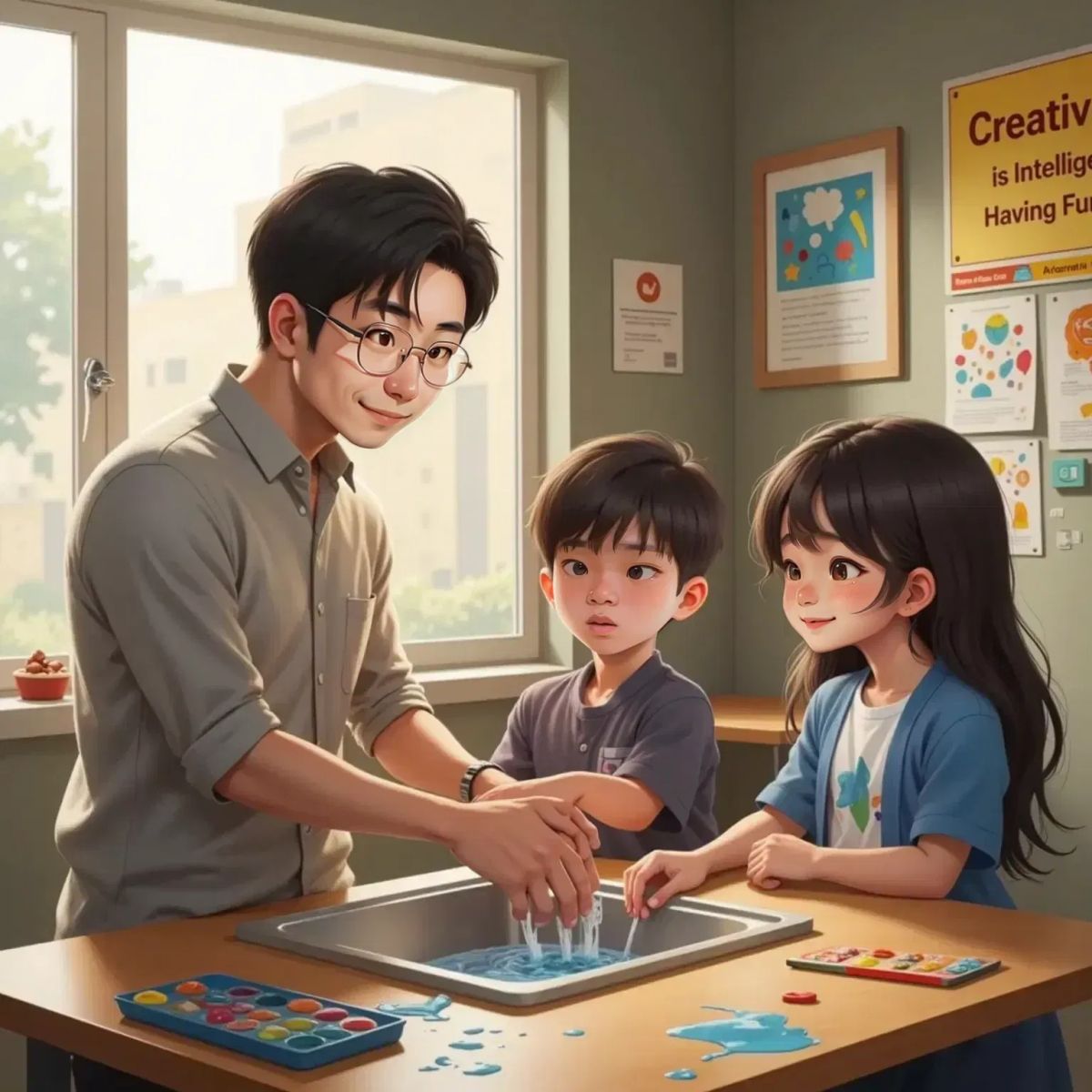 Mr. Chan, a 35-year-old man with short black hair and glasses, washing his hands in the art room sink. Leonard and Jenny standing nearby, Leonard looking curious.