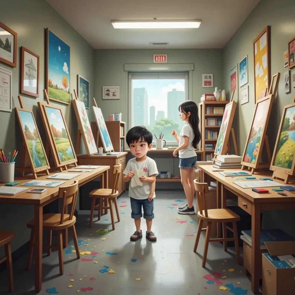Leonard stands by a messy art room desk while holding a torn piece of paper he found on the floor.