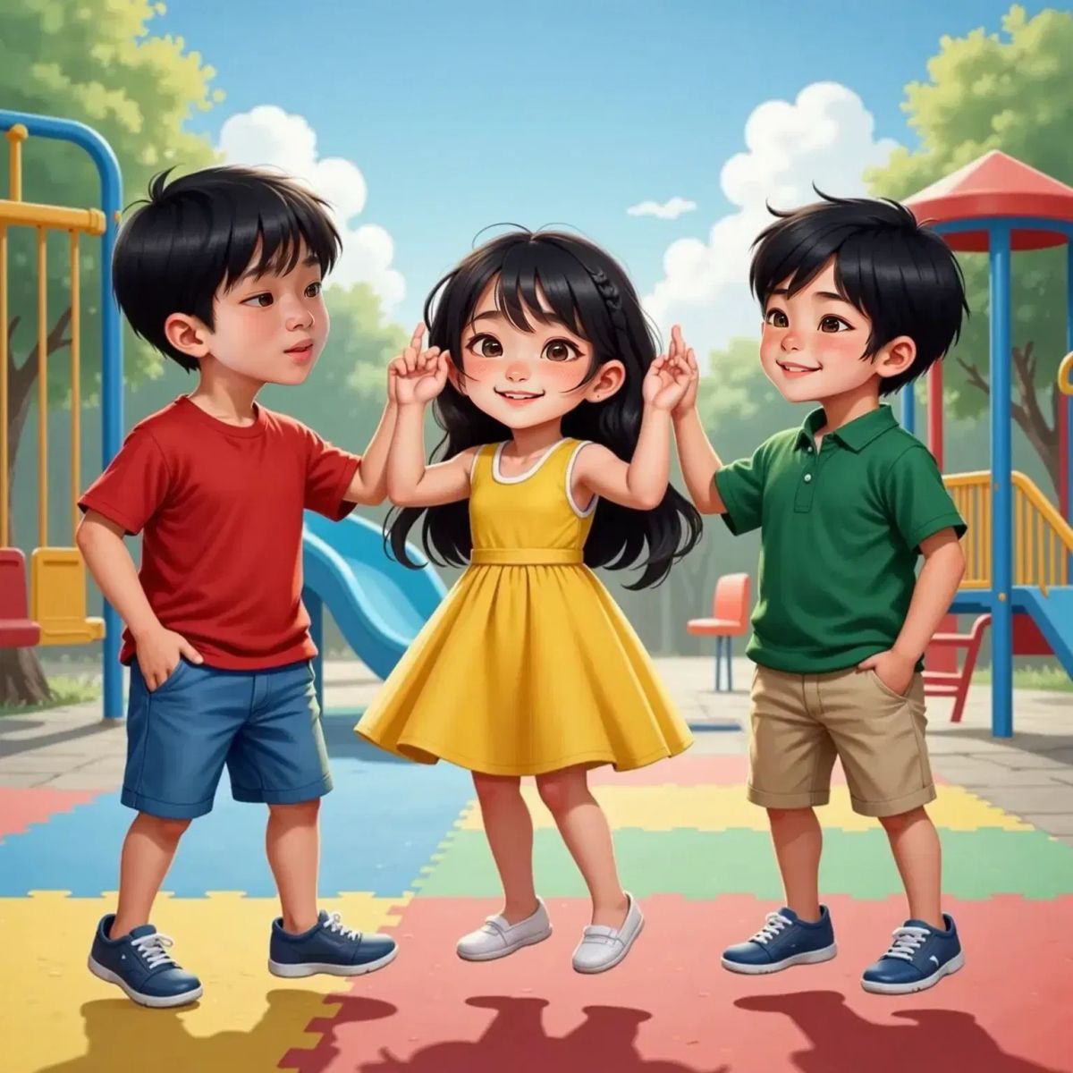 Leonard, Jenny, and Tom high-fiving happily on the playground, all smiling with excitement. Playground equipment in the background.