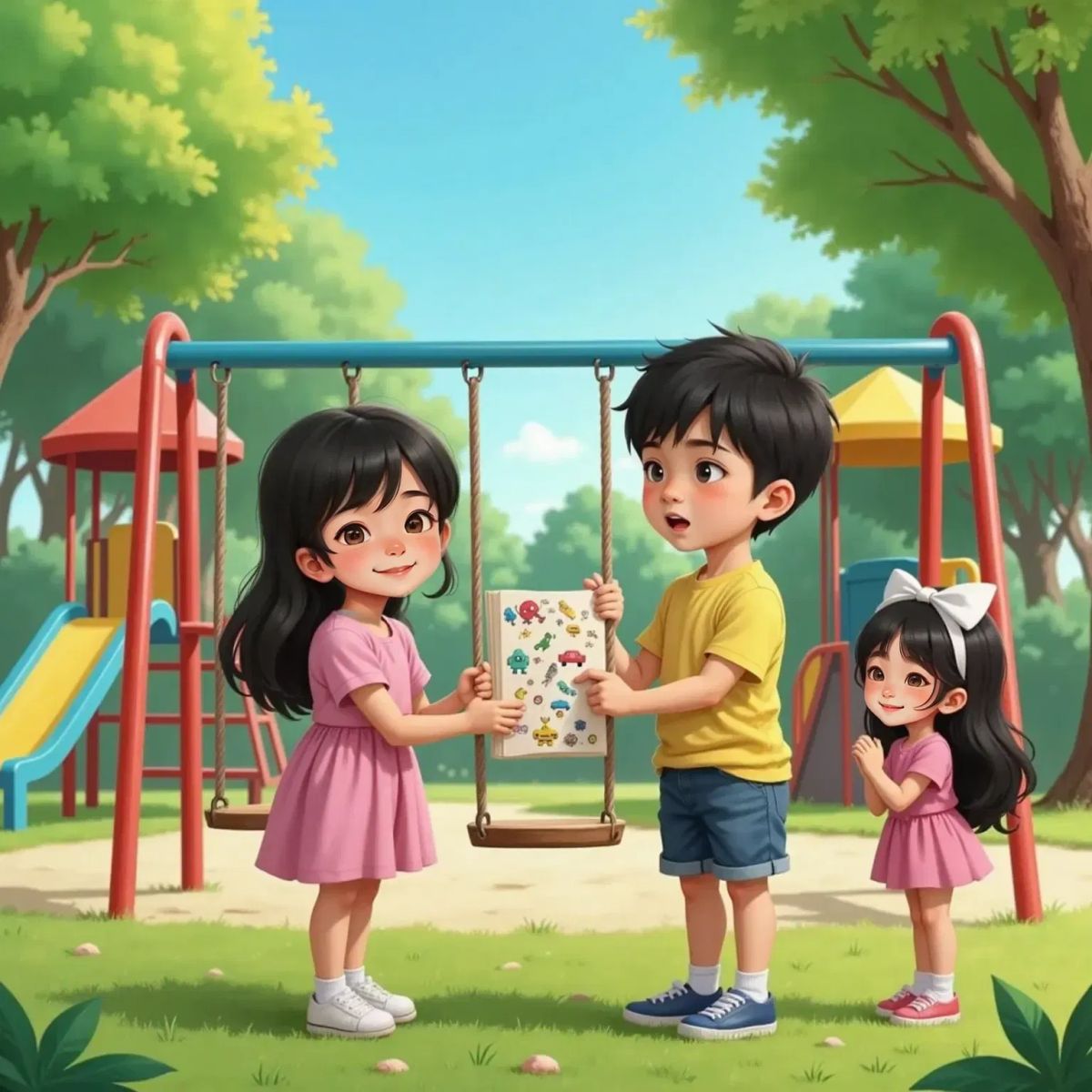 Tom standing by the playground swings, smiling sheepishly as he hands a notebook to Leonard. Jenny watching with a friendly smile.