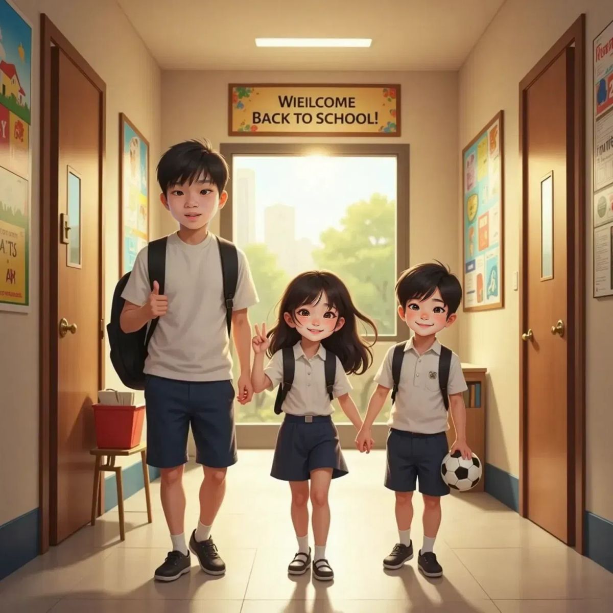Leonard smiling proudly, Jenny giving him a thumbs up, and Tom grinning as they walk back toward their classroom together.