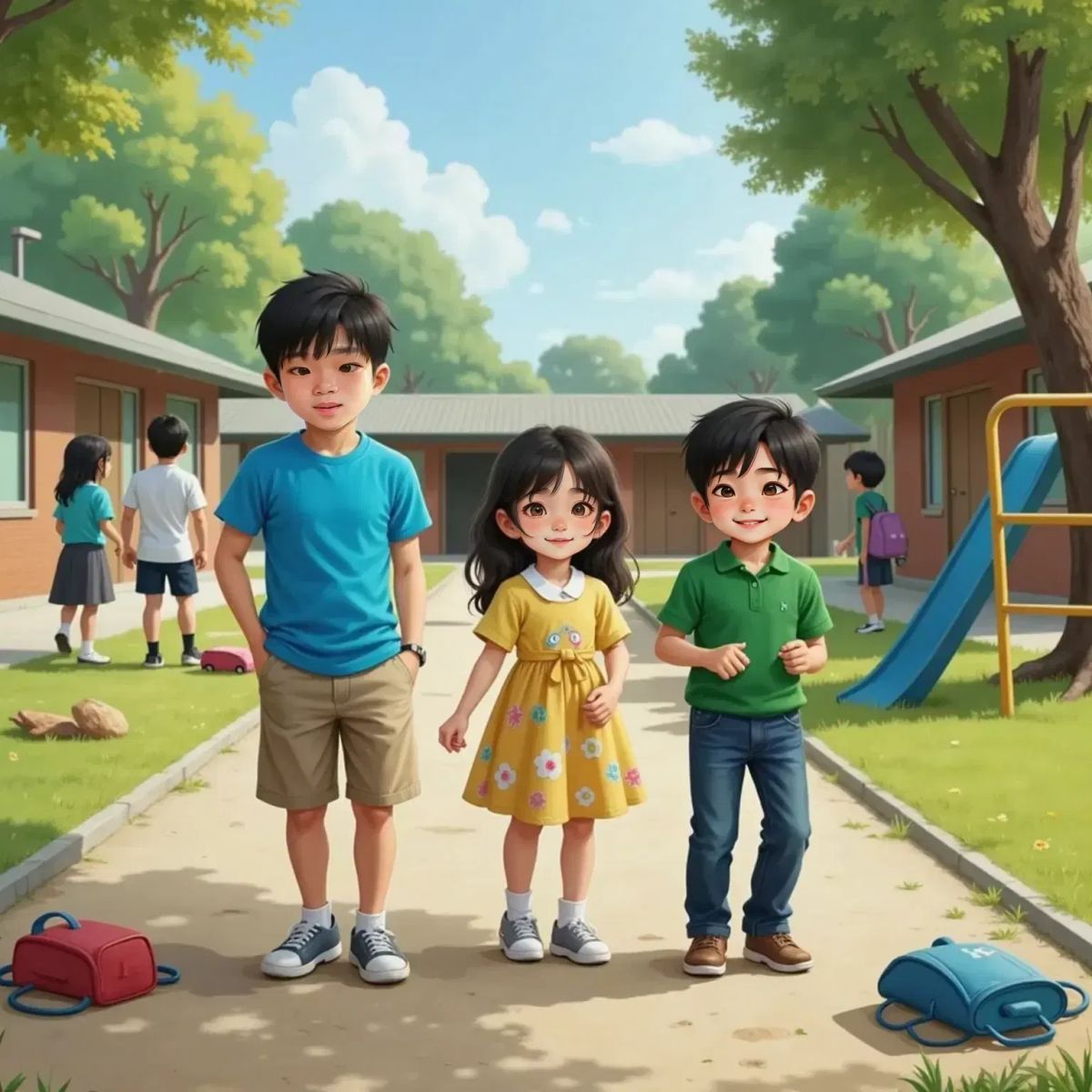 Leonard winking confidently, Jenny looking thoughtful, and Tom giggling, all walking together across the schoolyard.