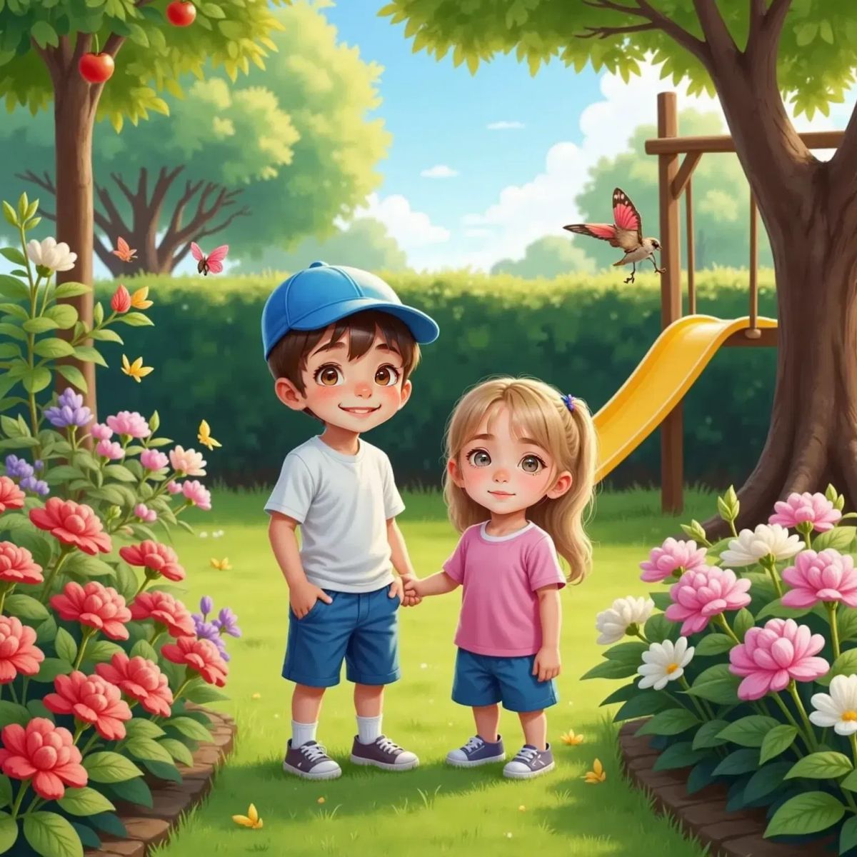 Bobby and Bella, both smiling, stand in a lush backyard surrounded by blooming begonias. Butterflies flutter above the flowers and a bird sits on a branch overhead. A bushy border marks the edge of the yard.