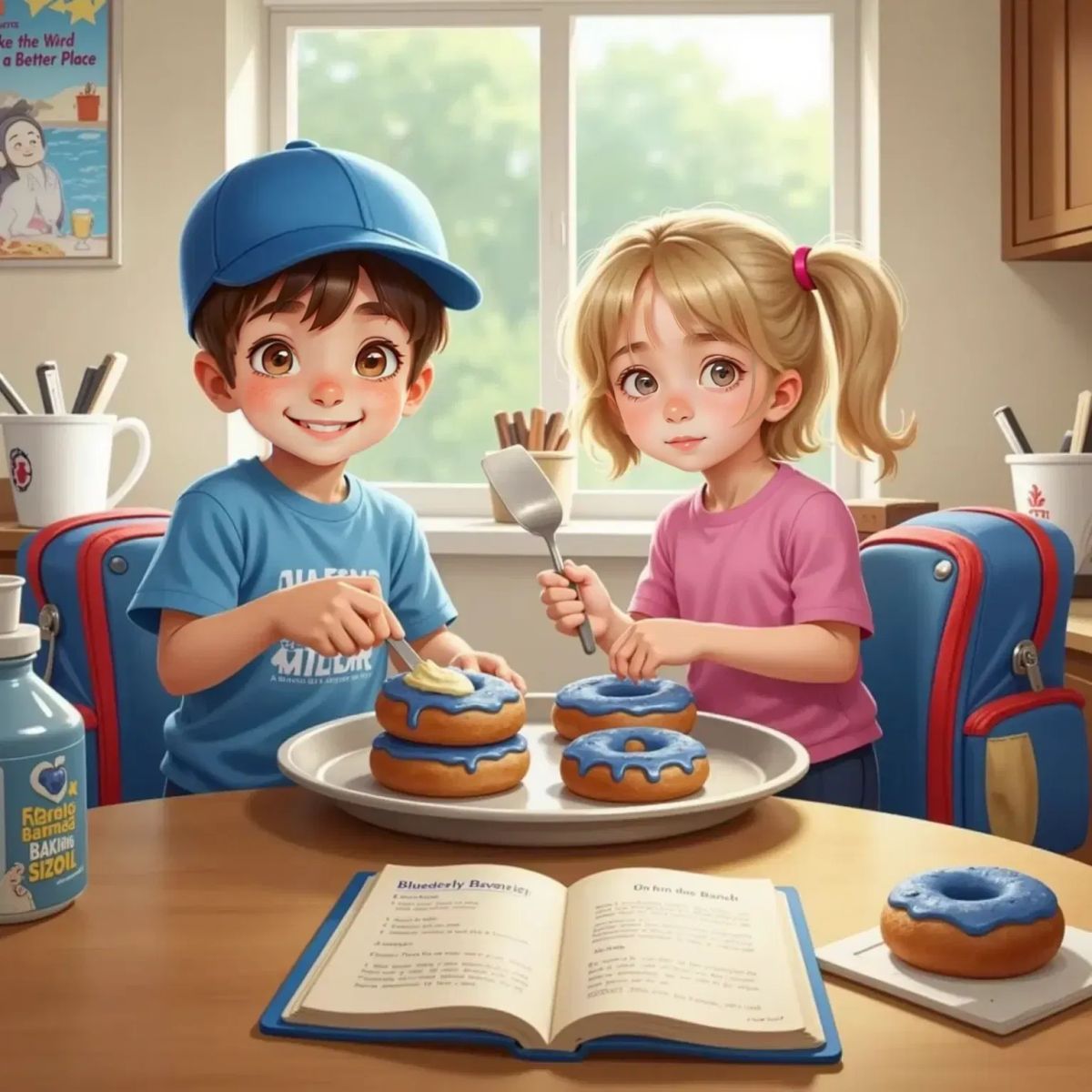 Bobby, beaming with excitement, stands at a kitchen counter with a tray of blueberry bagels. Bella, smiling, butters a bagel beside him. Two colorful backpacks rest on the floor nearby.