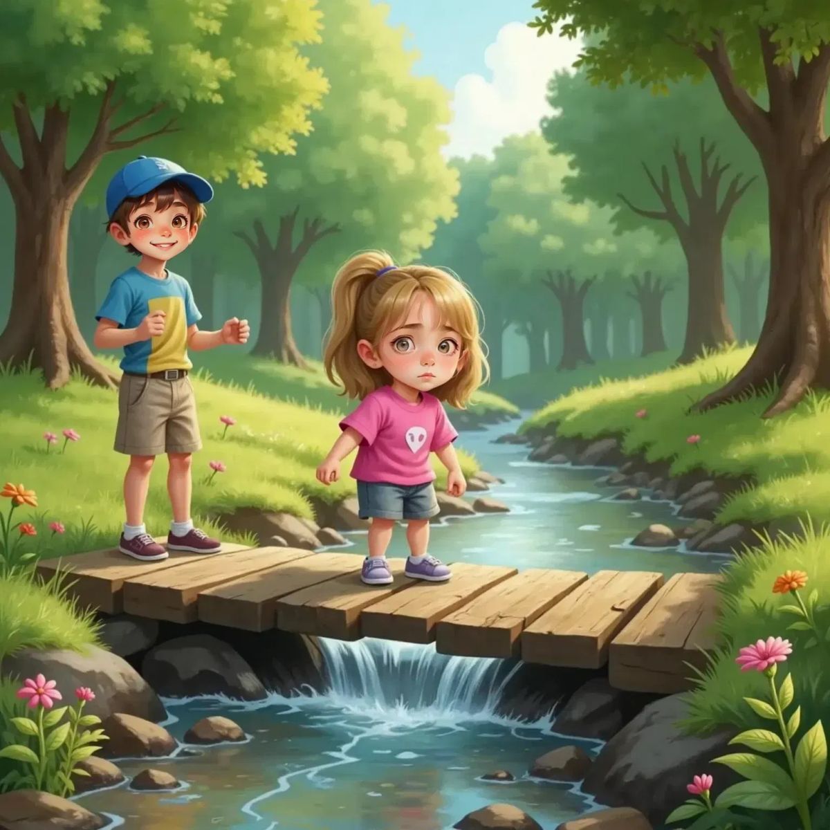 Bella, focused and determined, carefully balances on a narrow, bumpy wooden bridge. Bobby stands at the end of the bridge, smiling with pride. A small stream flows underneath.
