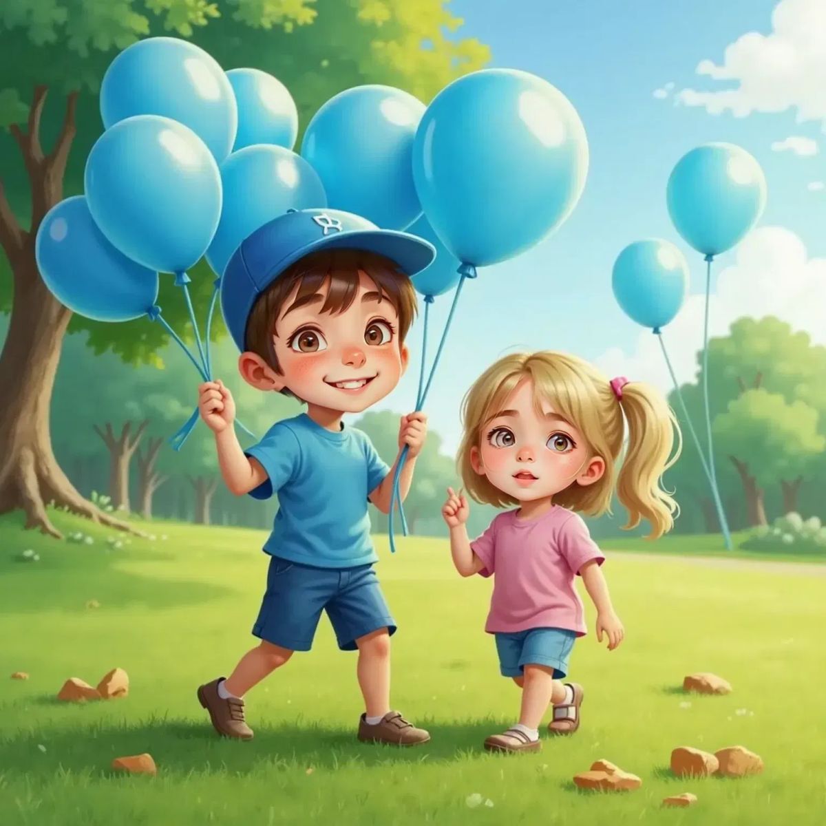 Bobby, grinning, holds a bright blue balloon. Bella laughs beside him. Several blue balloons float in the breeze above a grassy clearing. Popped balloon pieces are scattered nearby.