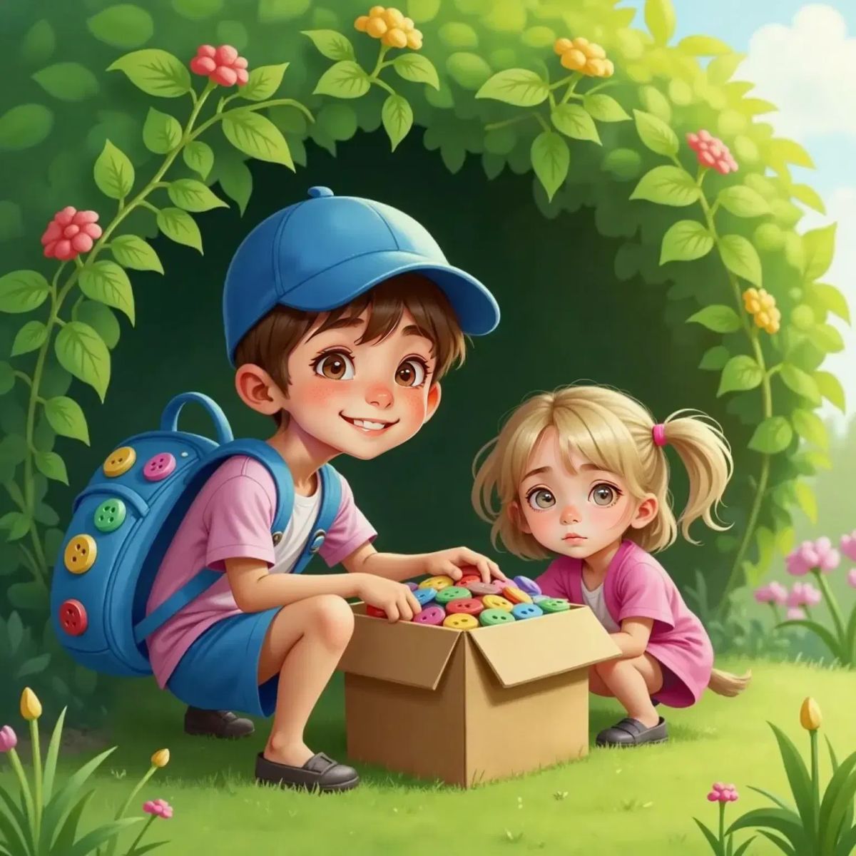 Bobby, balancing a small box overflowing with colorful buttons, kneels beneath a big bush. Bella, surprised, examines the buttons. Their backpacks are decorated with bright button badges.