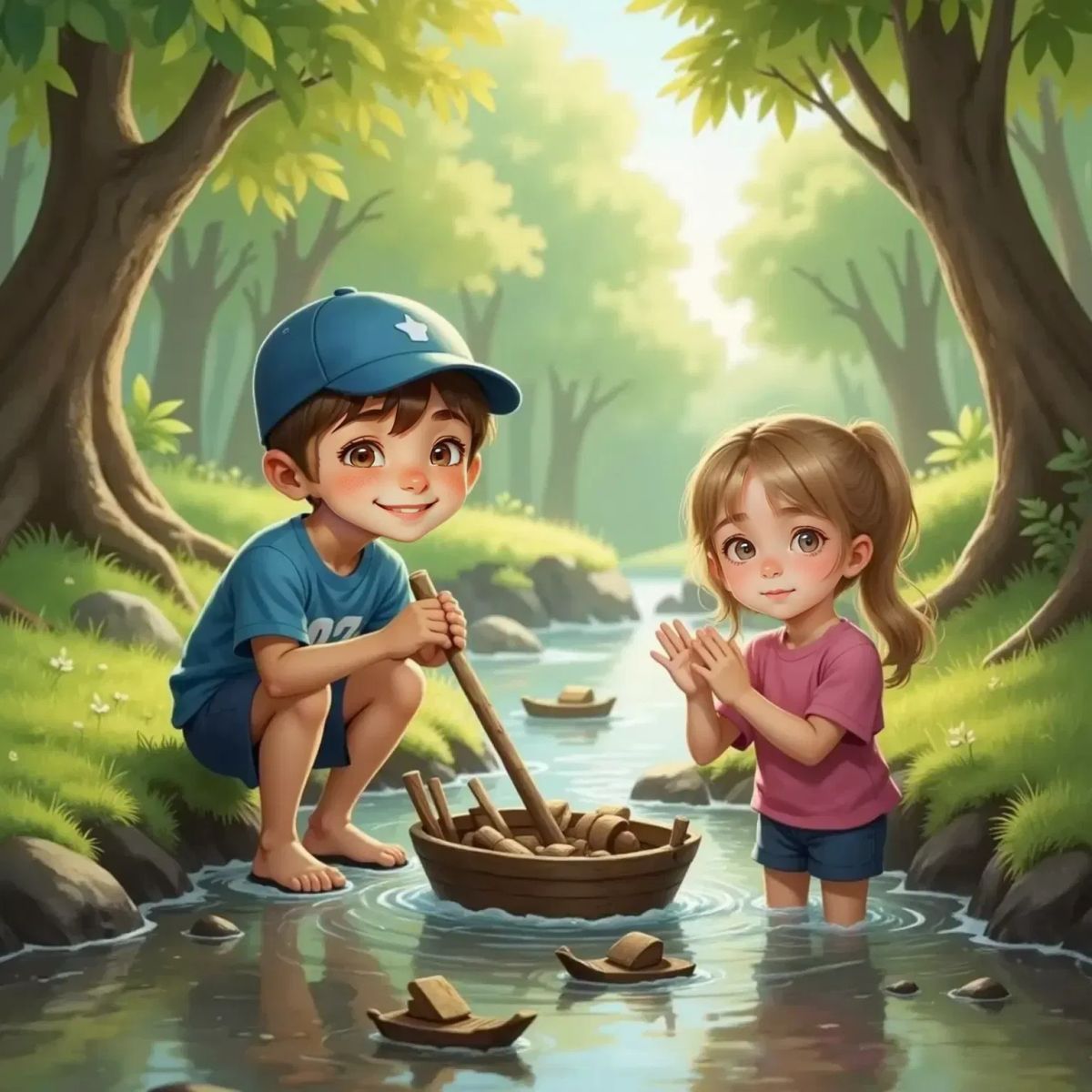 Beside a bubbling brook, Bobby assembles a small boat from bark while Bella watches, clapping her hands. Several bark boats float downstream beyond a bend.