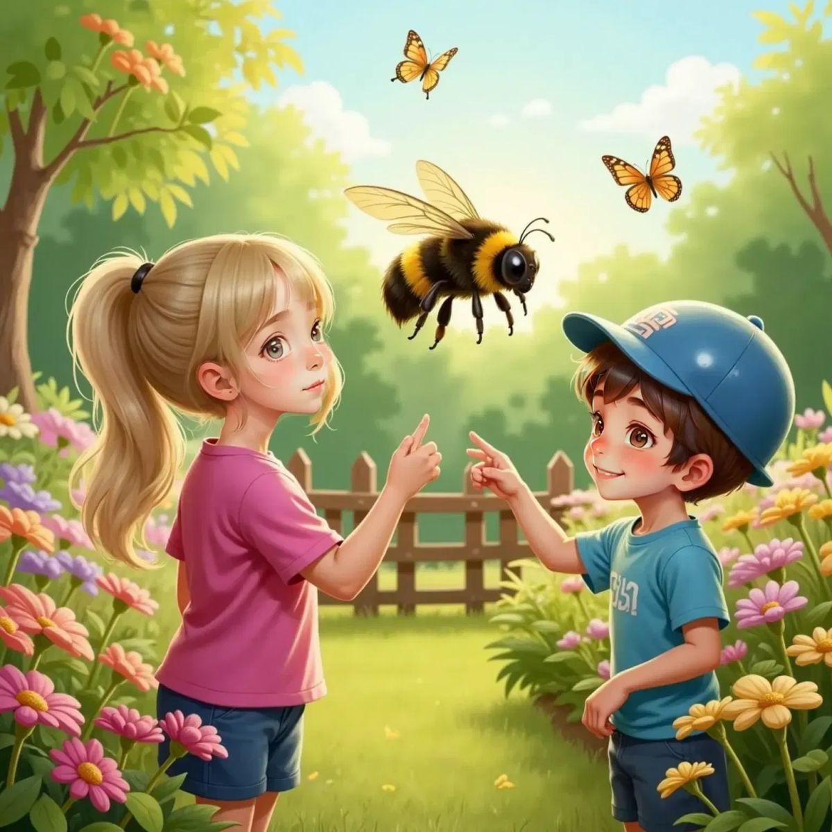 A large, fuzzy bumblebee hovers between blooming flowers. Bella, smiling gently, extends her hand in friendship. Bobby, excited, points at the bee. Colorful blossoms fill the background.