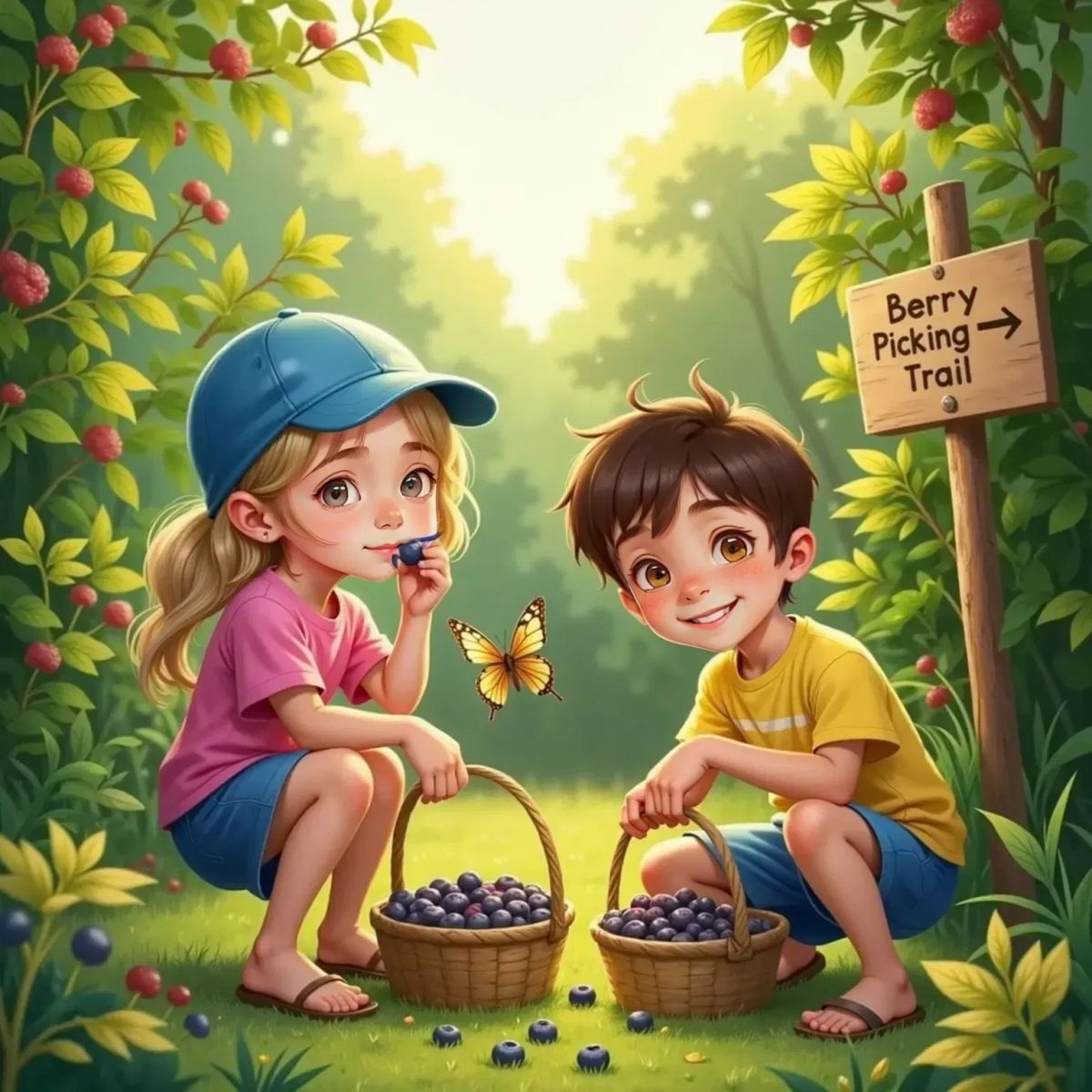 Bobby and Bella kneel beside bushes heavy with berries. Bella bites into a blueberry, her shirt stained. Bobby grins, holding a handful of blackberries, his shirt blotched with juice.