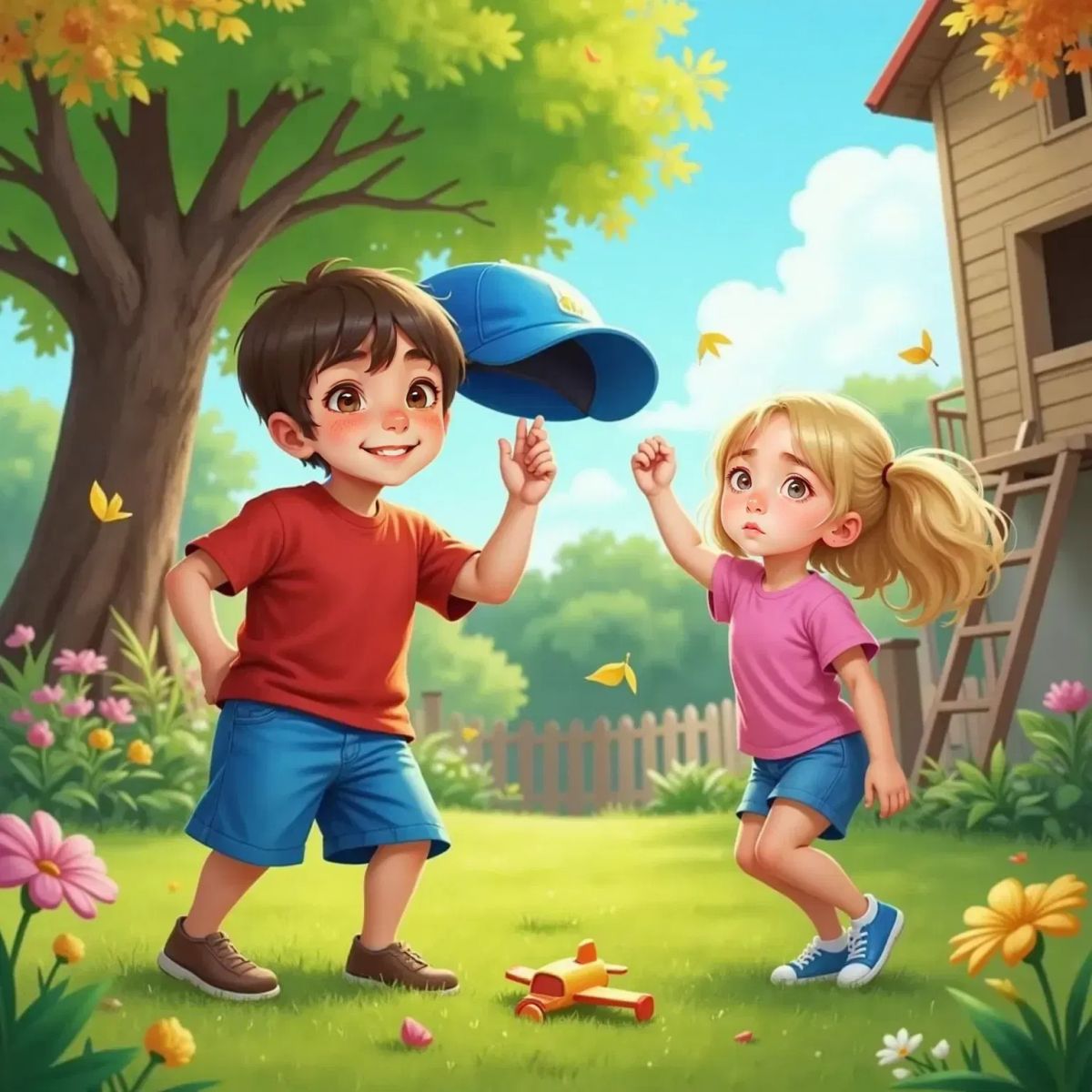 A strong breeze blows through the backyard. Bobby's hat teeters on his head, and Bella, determined, reaches to grab it. Leaves and petals swirl in the air around them.