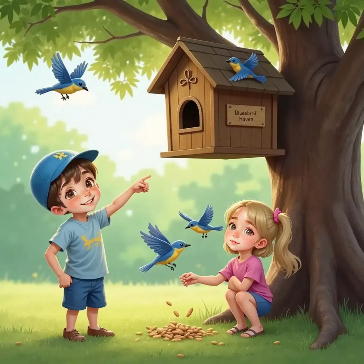 Bobby, wide-eyed, points at a wooden birdhouse attached to a tree. Bella sprinkles breadcrumbs nearby. Bluebirds flutter around the birdhouse, carrying twigs. Both children watch quietly, smiling.