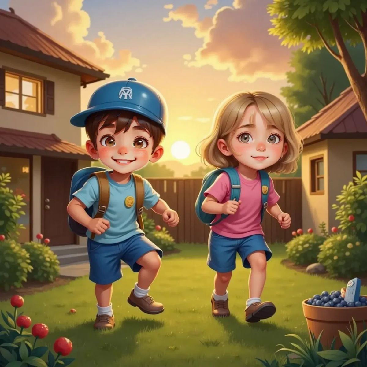 Bobby and Bella, happy and tired, skip over bushes in the backyard at sunset. Their backpacks bulge with badges and berries. The house glows warmly in the distance.