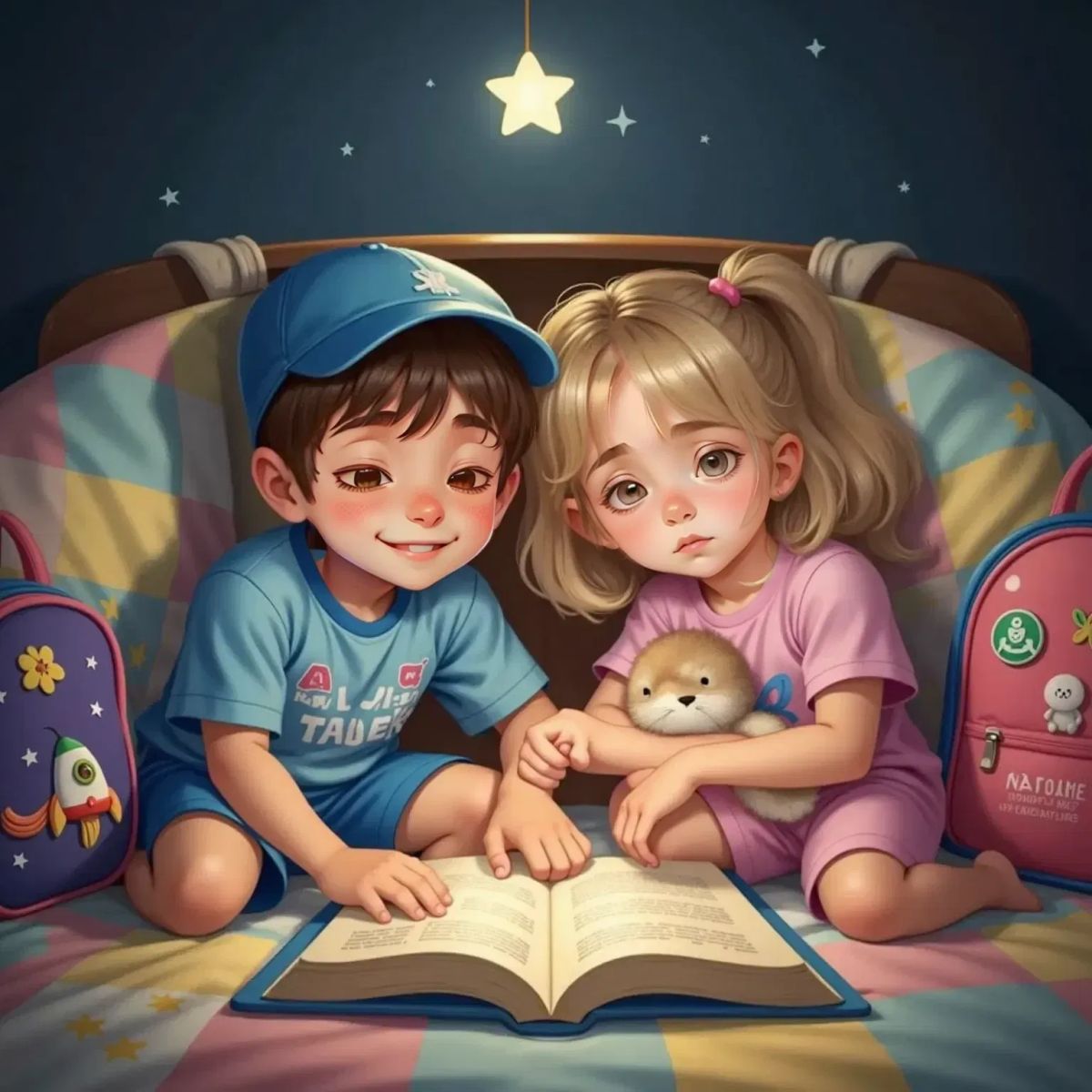 Bobby and Bella snuggle under a big, cozy blanket in a softly lit bedroom. Both look sleepy and content. Their backpacks and button badges rest at the foot of the bed.