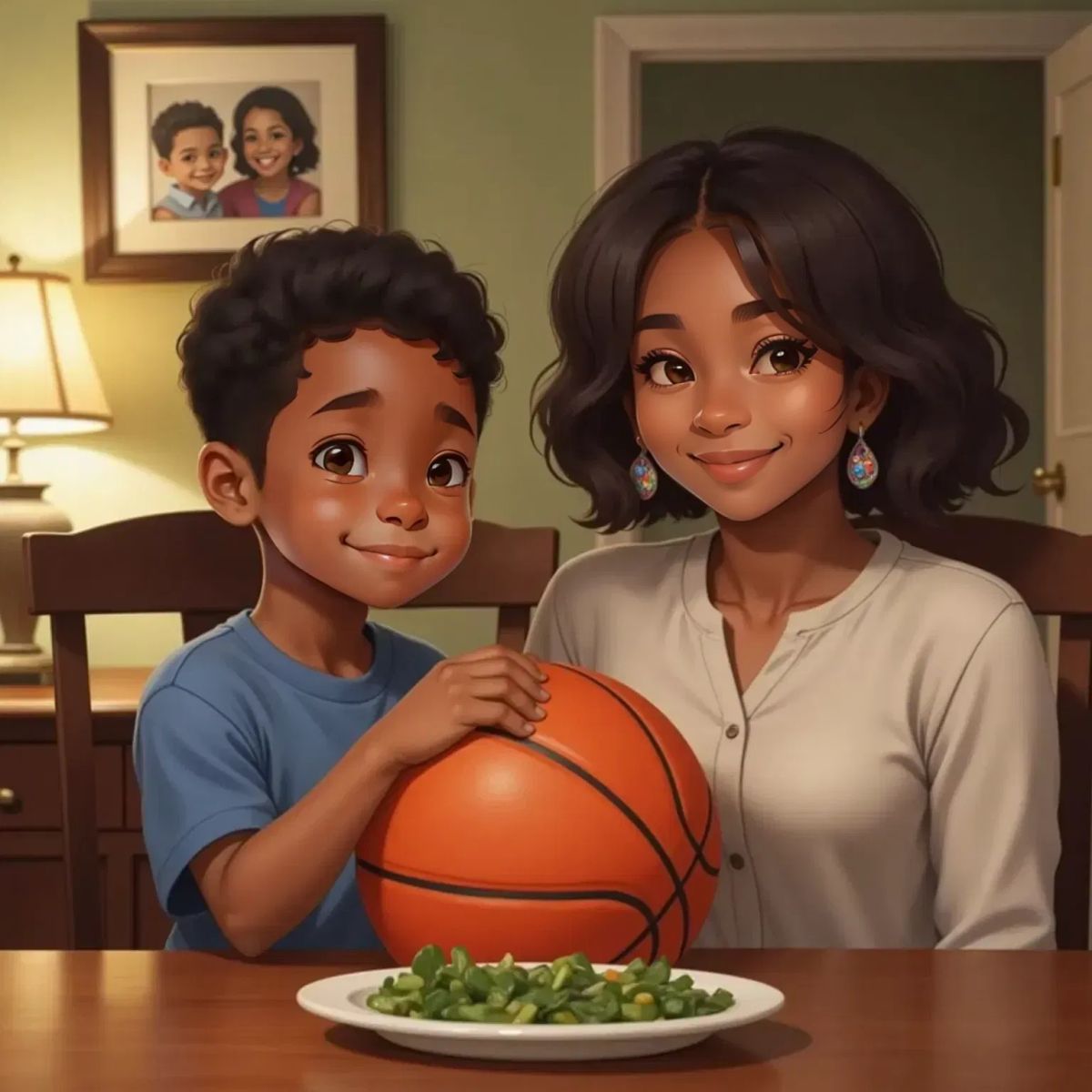 Brandon pouting at the dinner table, holding an orange basketball in his lap. Mommy, a 32-year-old woman with a gentle smile, sits across from him in a cozy dining room.