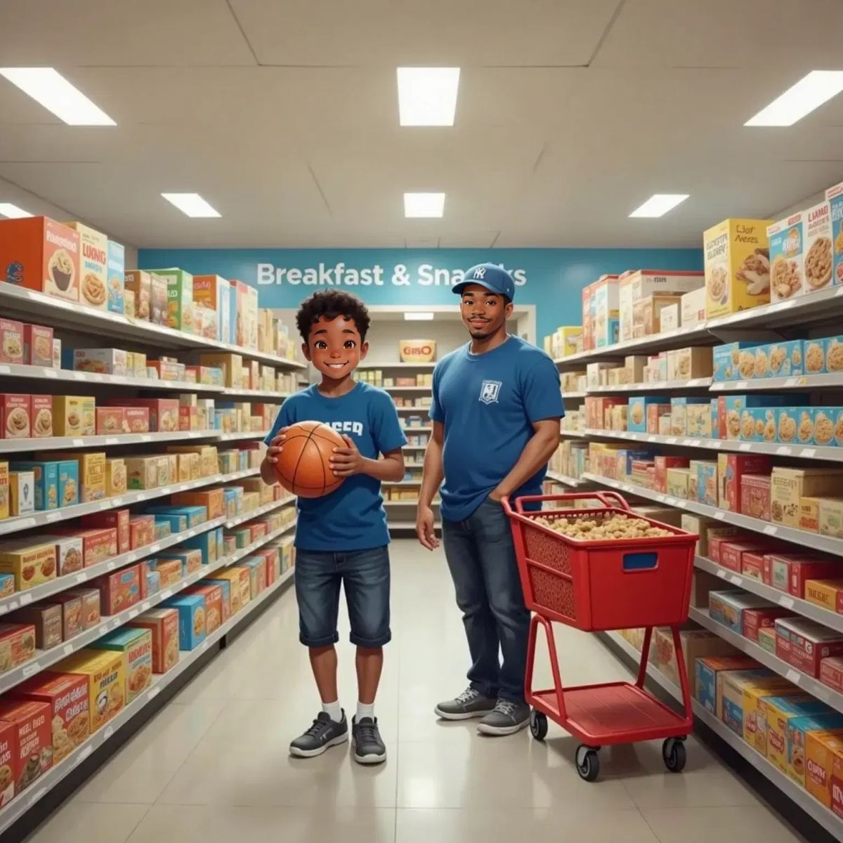Brandon with a mischievous grin, holding his orange basketball in a grocery store aisle. Daddy, a 34-year-old man with short brown hair and a friendly smile, stands beside him near shelves of cereal.