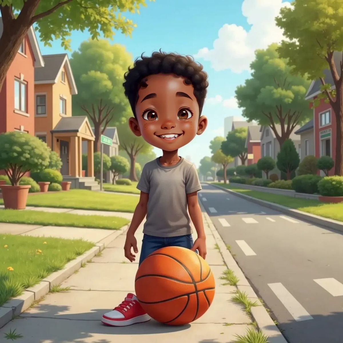 Brandon laughing joyfully, wearing bright sneakers, standing on a city sidewalk with his basketball at his feet. Houses and trees in the background.
