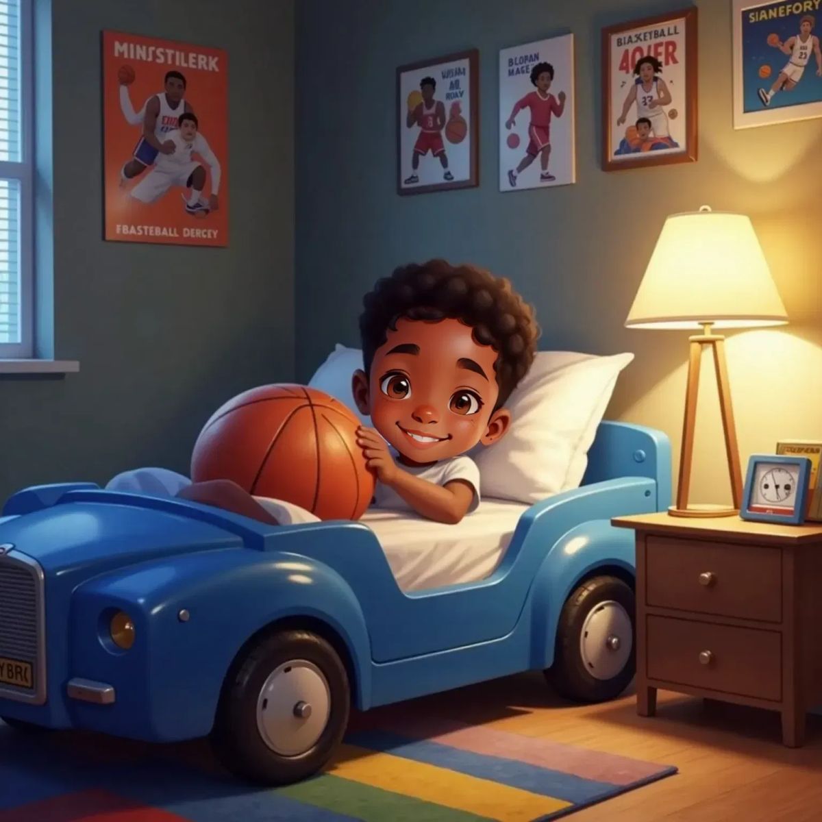 Brandon lying in bed, hugging his orange basketball with a wide grin. A cozy bedroom with a nightstand and a lamp in the background.