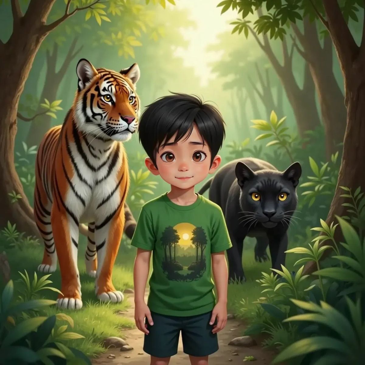 Arya with a frightened expression standing at the edge of a dense forest, a large Brave and strong tiger, kind to human standing protectively in front of him, and a black panther with glowing eyes hiding behind bushes in the background.