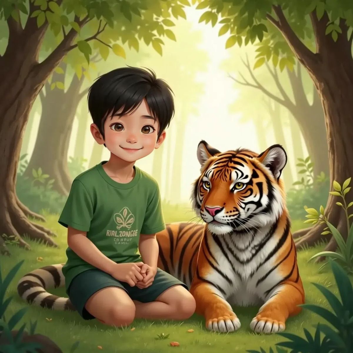 Arya sitting under leafy trees, smiling and gently stroking the soft fur of the Brave and strong tiger, kind to human Tiger, both looking happy and relaxed.