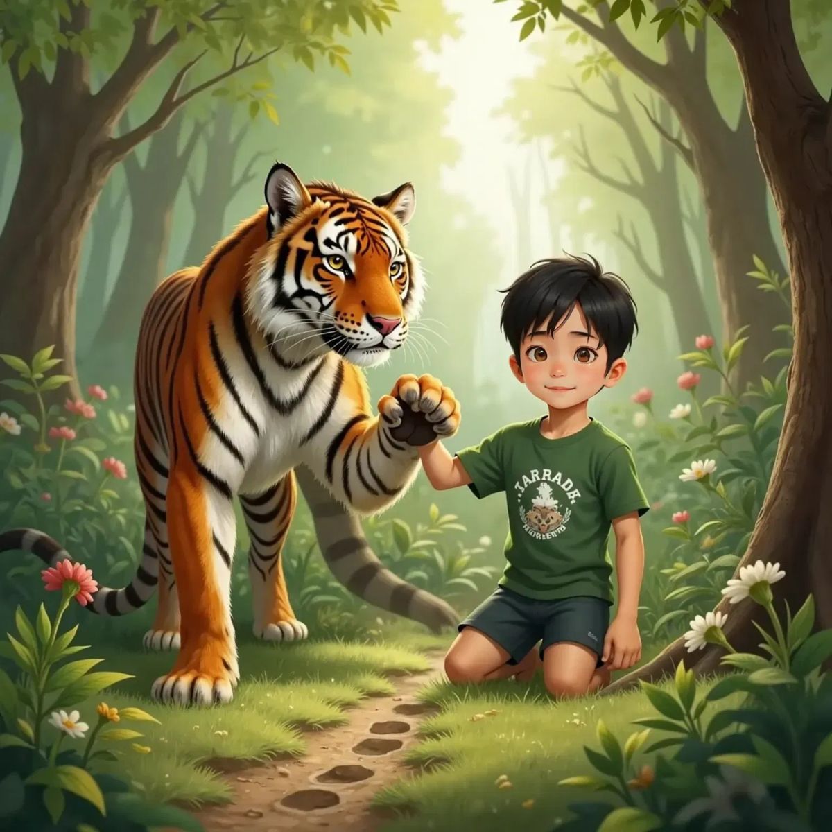 Tiger, the Brave and strong tiger, kind to human, pointing with his paw at deer tracks on the ground, Arya kneeling beside him with a curious and excited expression, surrounded by forest plants.